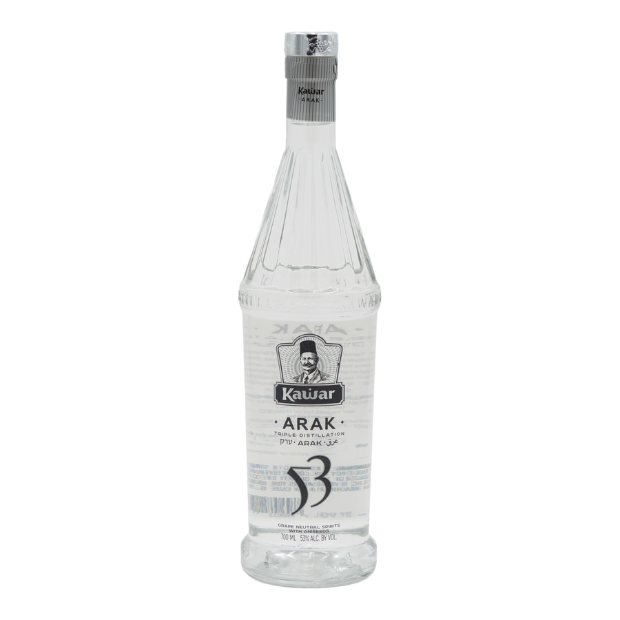 Front view of Kawar Premium Black Arak 53% 700ml bottle.