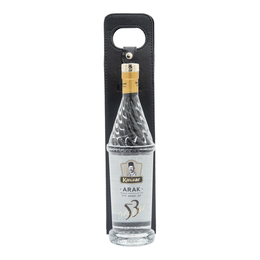 Kawar Gold Nobel Arak 53% 700ml bottle in front of its black carry bag.