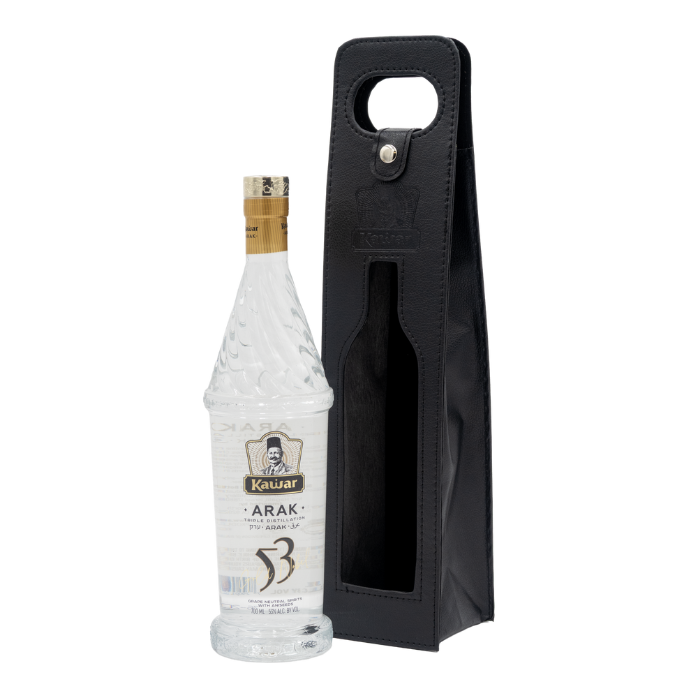 Kawar Gold Nobel Arak 53% 700ml bottle beside its black carry bag.