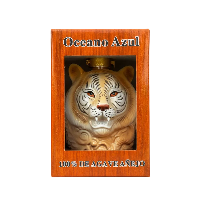 Oceano Azul White Tiger Anejo Tequila 1L ceramic bottle in its orange presentation box, front view.
