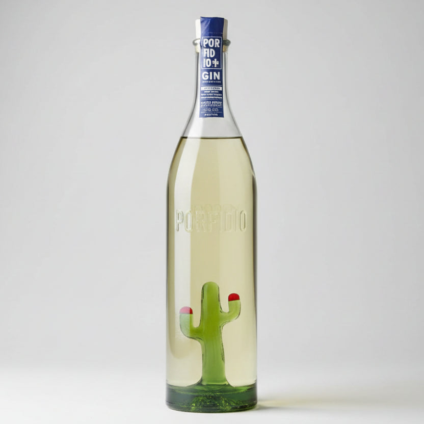 Bottle of gin with a cactus design on a white background