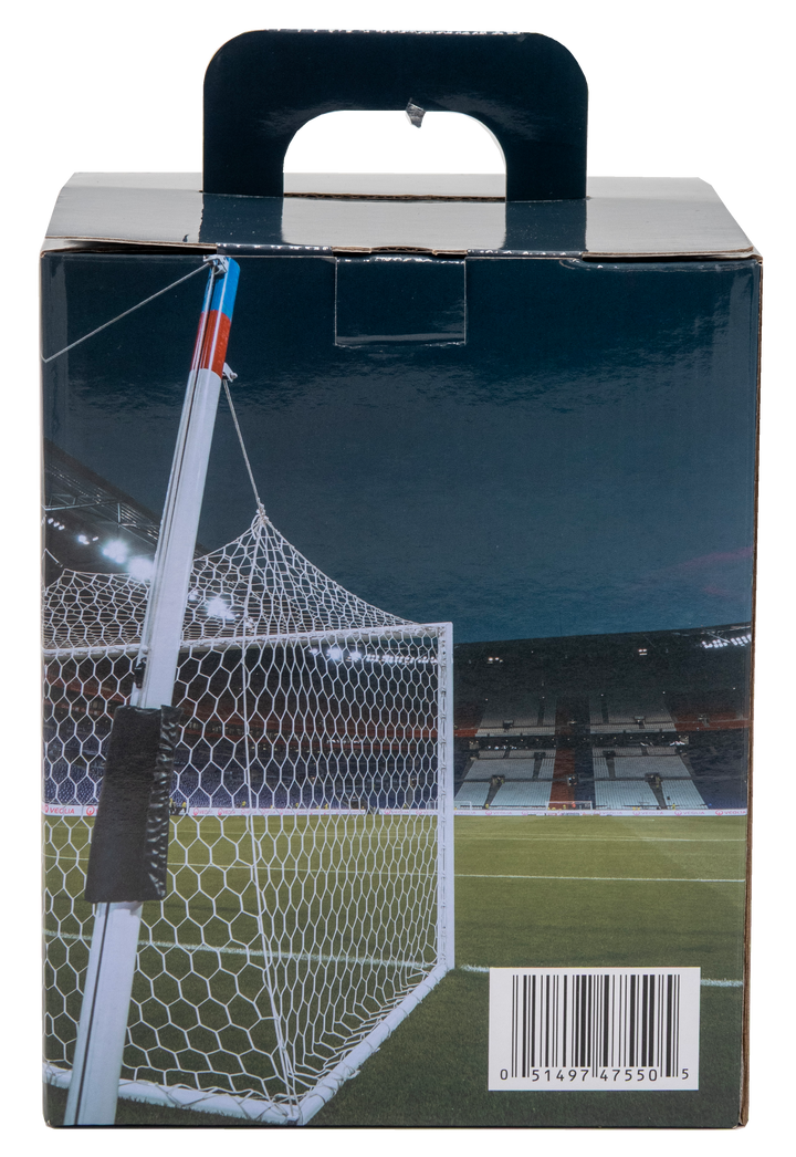 Rear of the Oceano Azul Soccer Ball Tequila presentation box, showing soccer goal artwork, carry handle, and barcode.