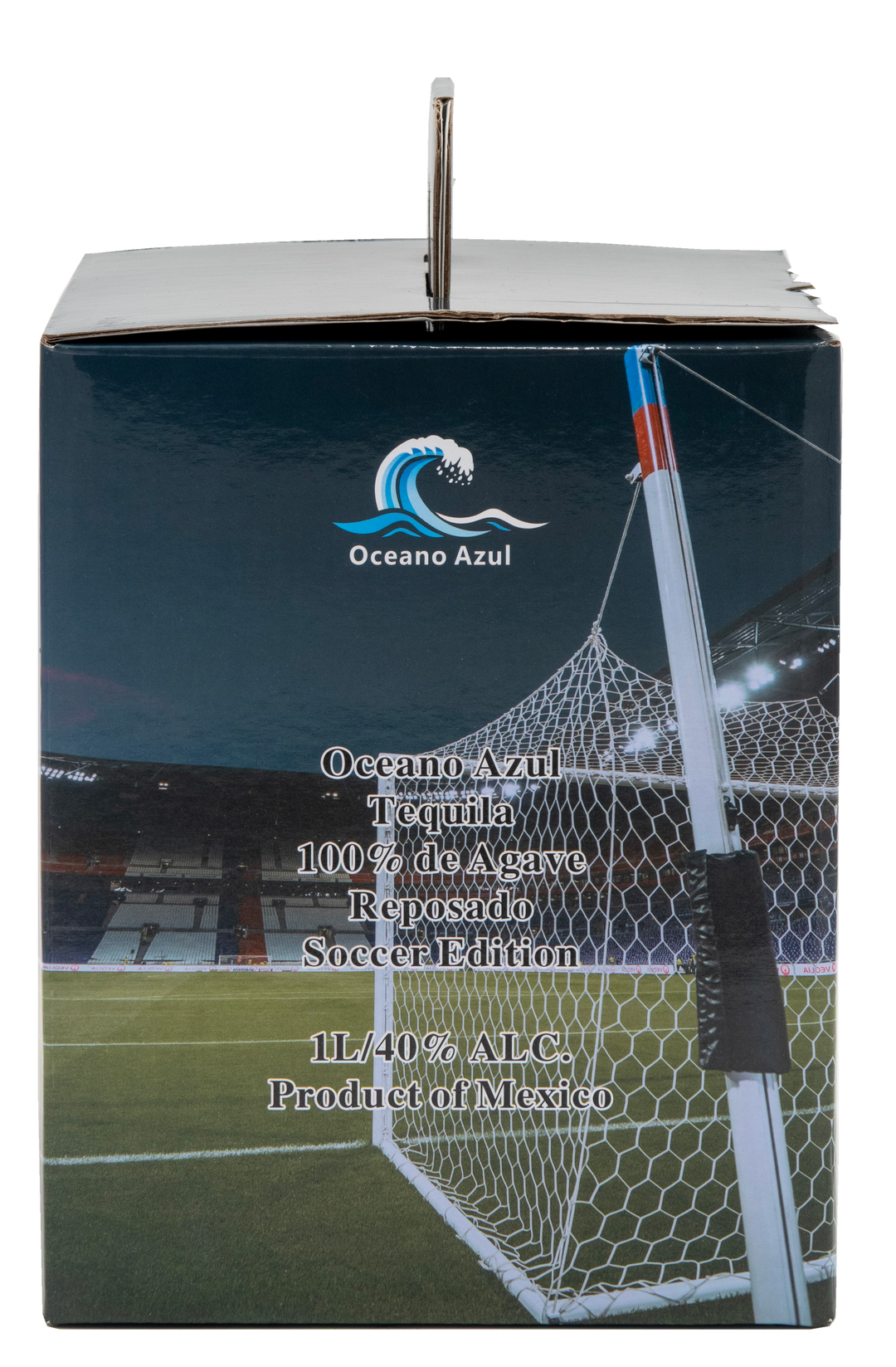 Oceano Azul Soccer Ball Tequila presentation box side panel with wave logo, soccer goal artwork, and product details.
