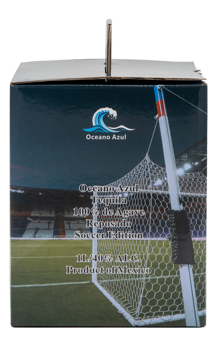 Oceano Azul Soccer Ball Tequila presentation box side panel with wave logo, soccer goal artwork, and product details.