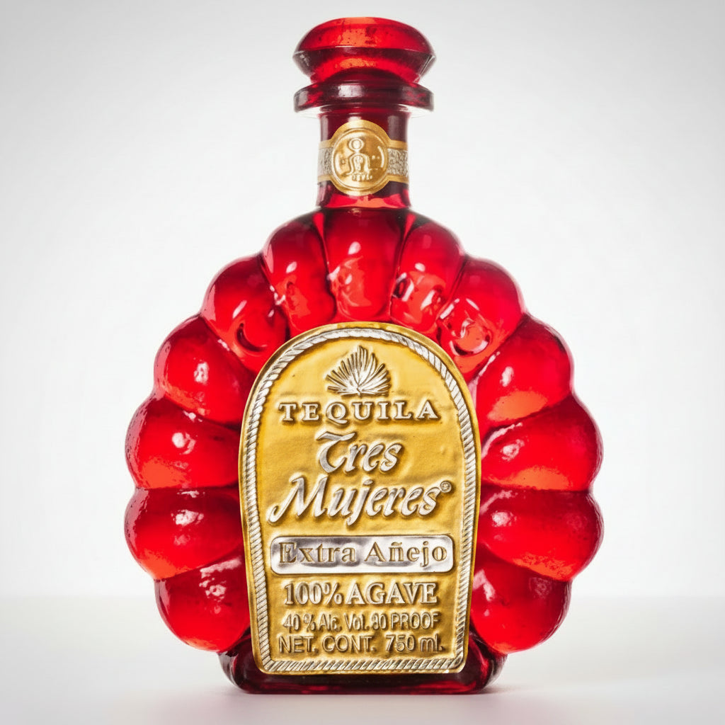 Red tequila bottle with gold label on a white background